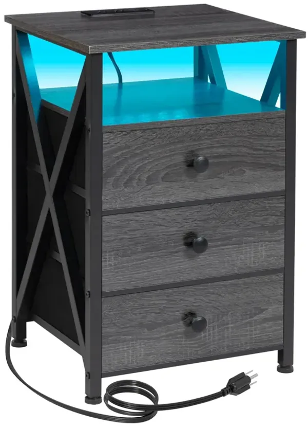 AMHANCIBLE LED Nightstand with Charging Station, Smart End Side Table with USB Port & Power Outlet, Bedside Table with Fabric Dr