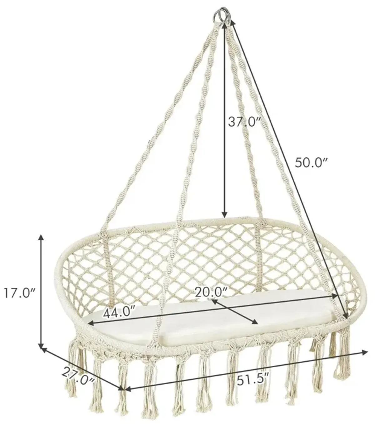 2 Person Hanging Hammock Chair with Cushion Macrame Swing