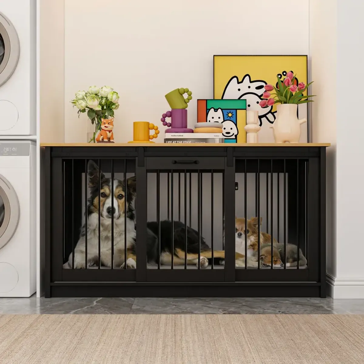 Large Wooden Dog House with Sliding door, Indoor Pet Dog Crate Cage for Large Medium Small Dogs, Black