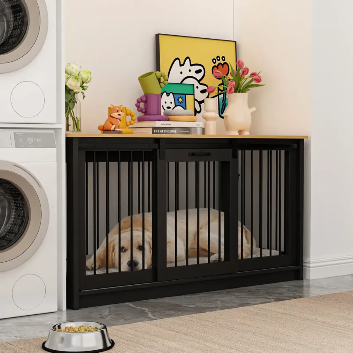 Large Wooden Dog House with Sliding door, Indoor Pet Dog Crate Cage for Large Medium Small Dogs, Black