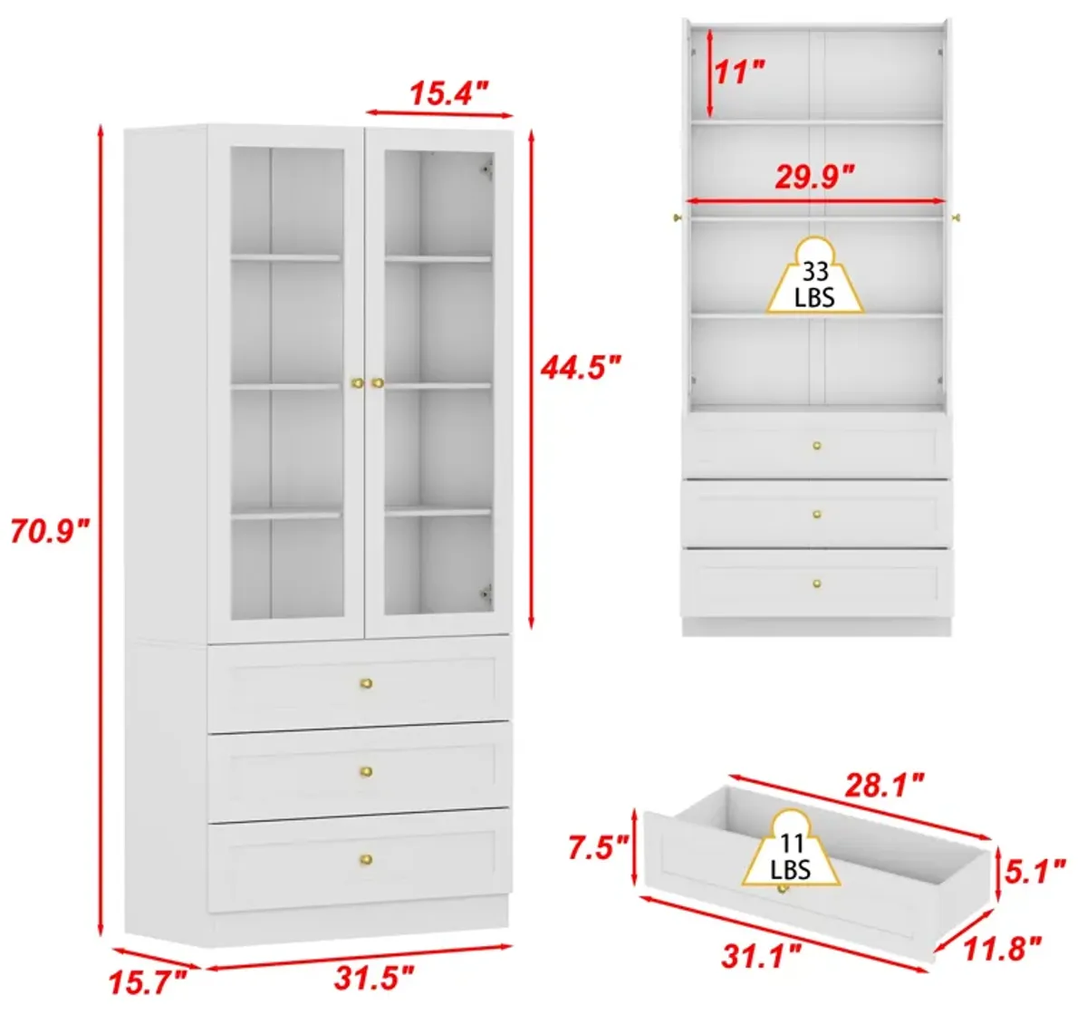 FUFU&GAGA Mdf 4-Shelf Bookcase with Doors (31.5-in W x 70.9-in H x 15.7-in D),White