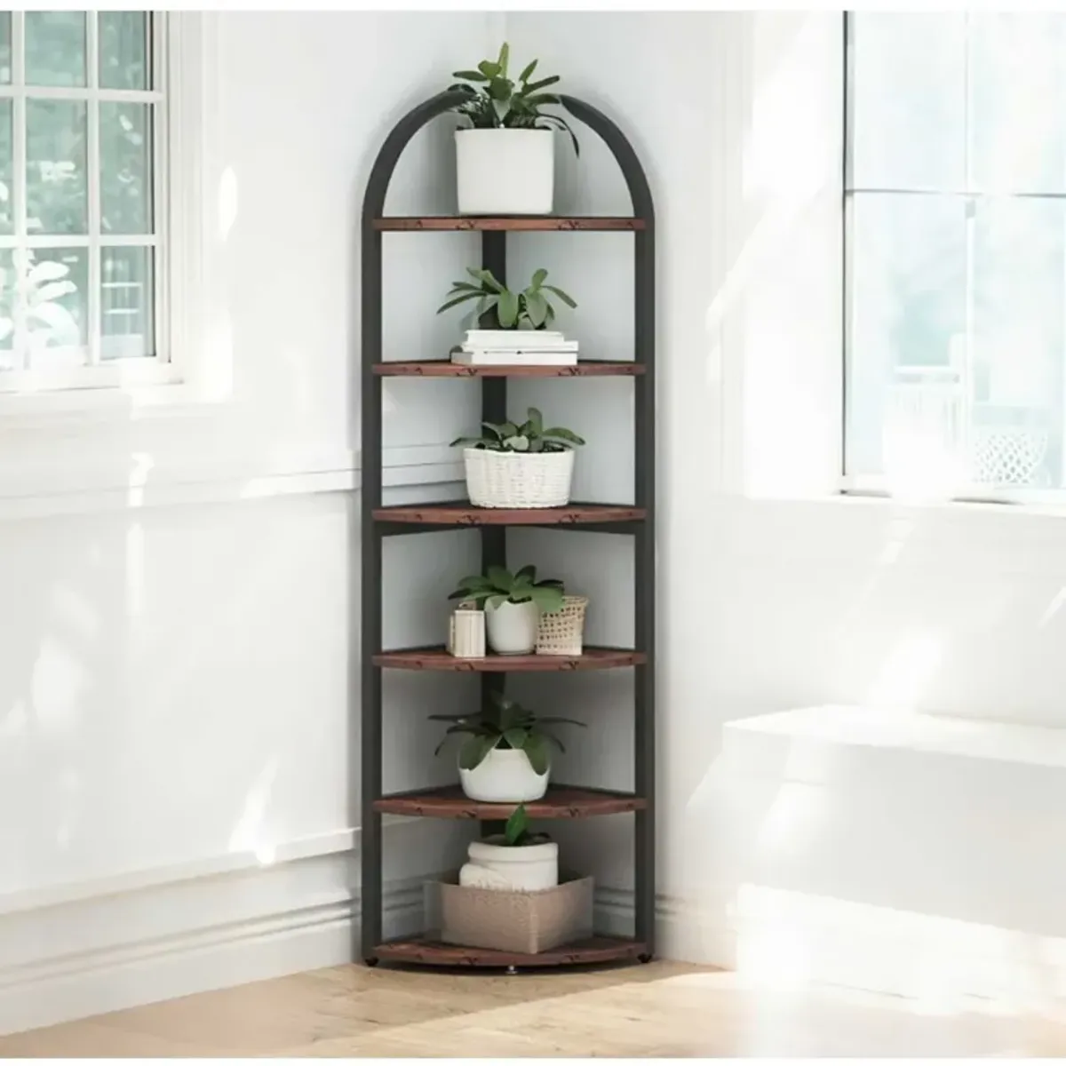 6 Tier Corner Shelf, Corner Bookshelf for Small Space, Rustic Plant Stand Display Rack for Living Room, Home Office, Kitchen