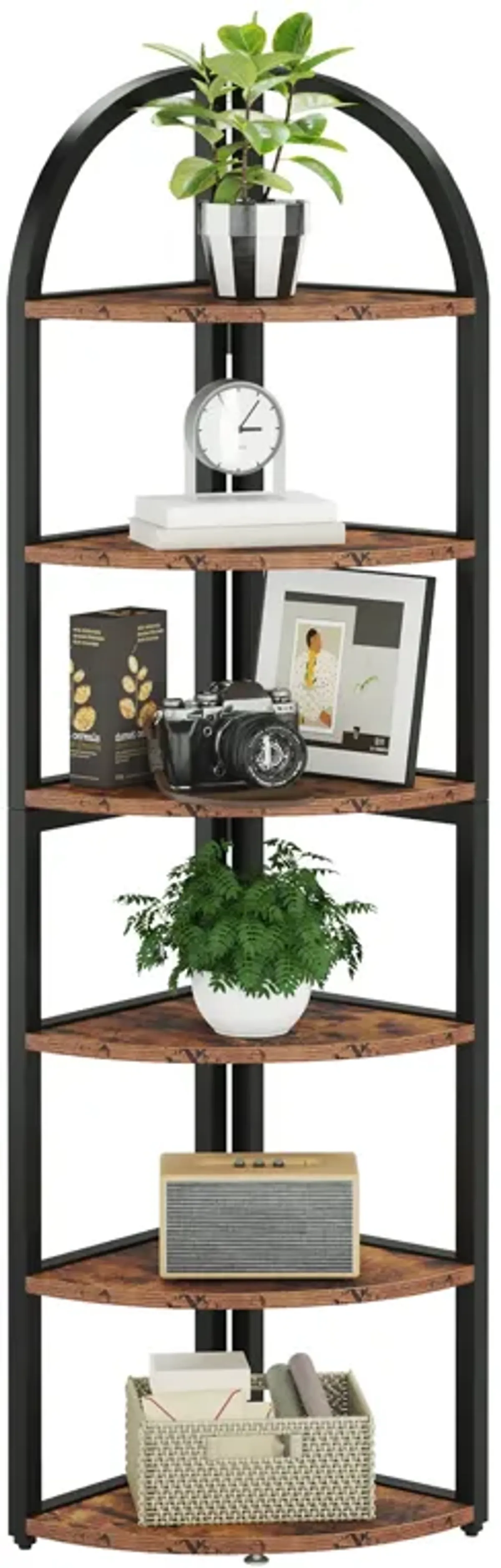 6 Tier Corner Shelf, Corner Bookshelf for Small Space, Rustic Plant Stand Display Rack for Living Room, Home Office, Kitchen