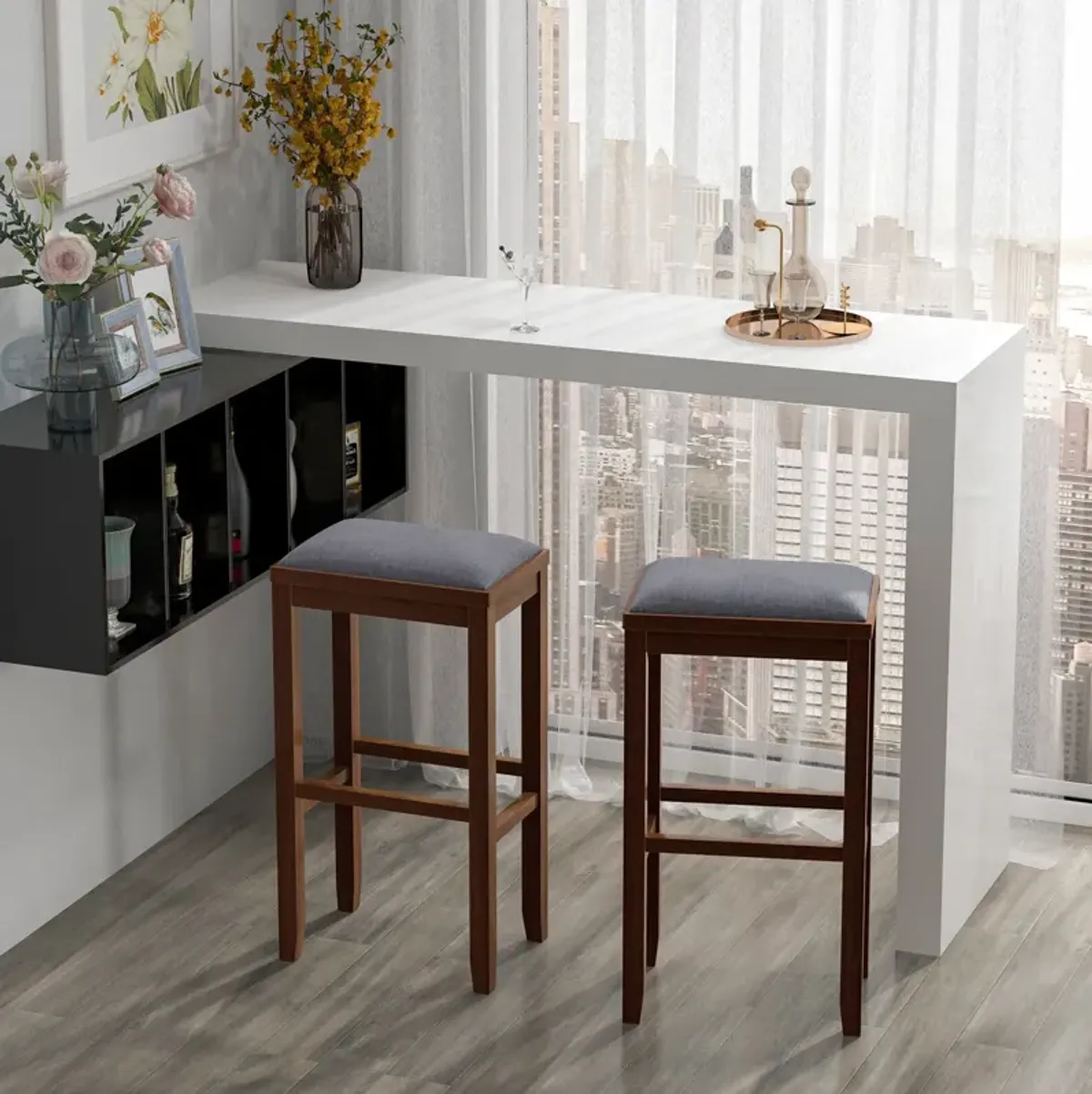 2 Pieces 31 Inch Upholstered Bar Stool Set with Solid Rubber Wood Frame and Footrest