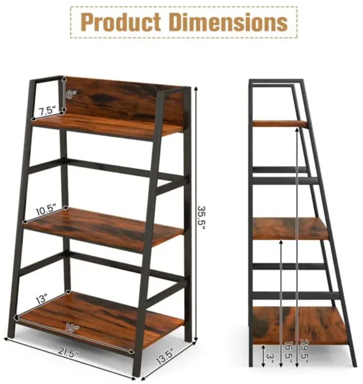 Hivvago 3-Tier Ladder Industrial Bookshelf with Metal Frame Display Shelf