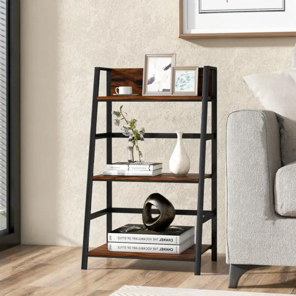 Hivvago 3-Tier Ladder Industrial Bookshelf with Metal Frame Display Shelf