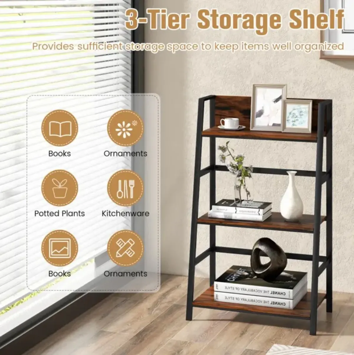 Hivvago 3-Tier Ladder Industrial Bookshelf with Metal Frame Display Shelf