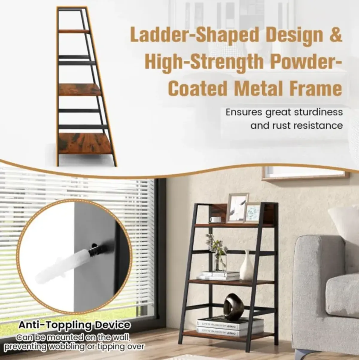 Hivvago 3-Tier Ladder Industrial Bookshelf with Metal Frame Display Shelf