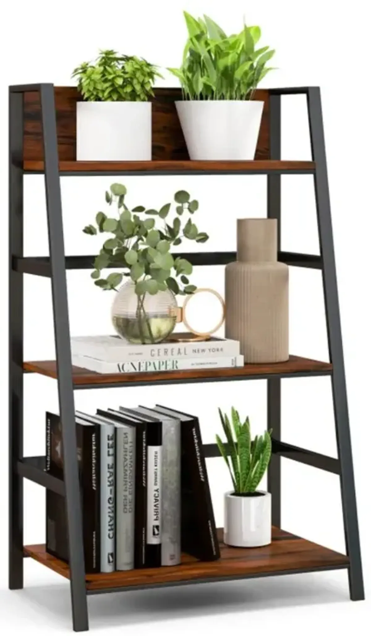 Hivvago 3-Tier Ladder Industrial Bookshelf with Metal Frame Display Shelf