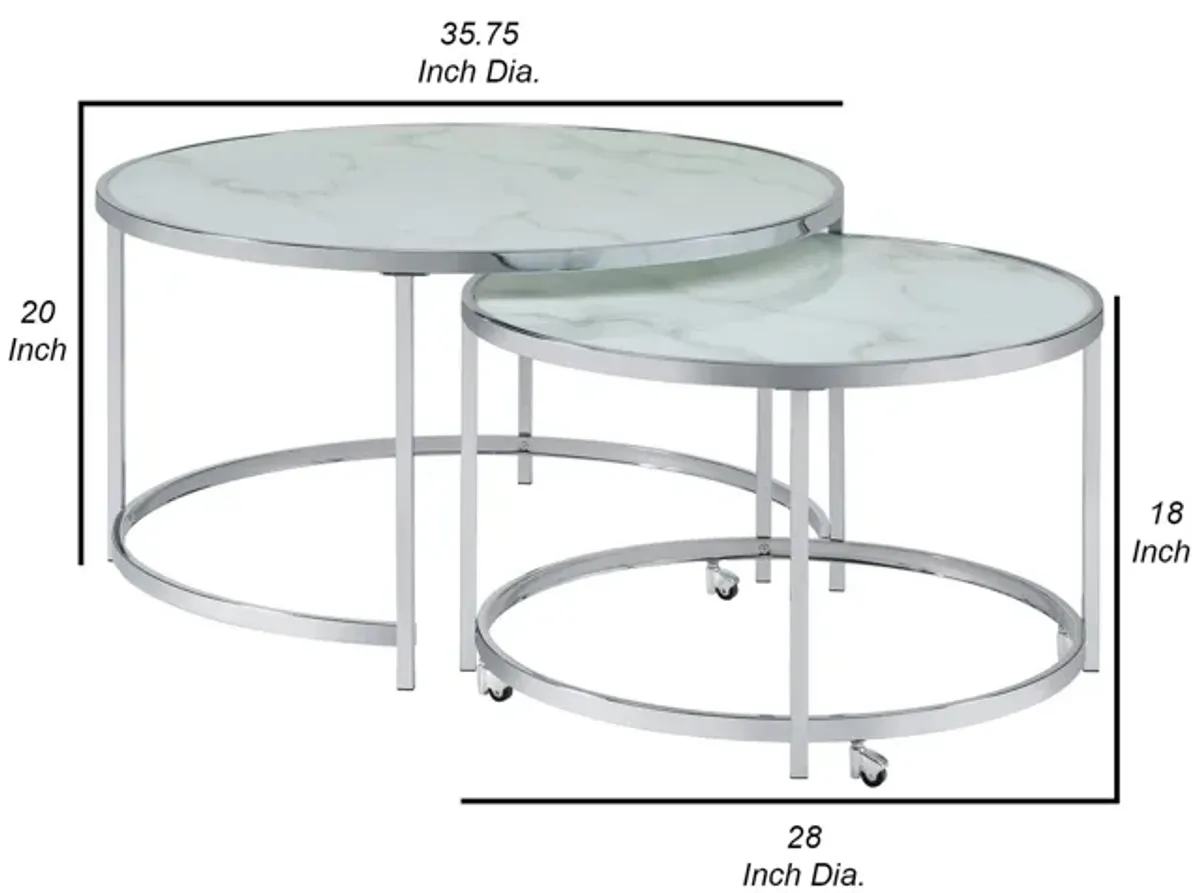 18 Inch Marbled Glass Nesting Accent Tables, Round Top, Metal, Set of 2 - Benzara