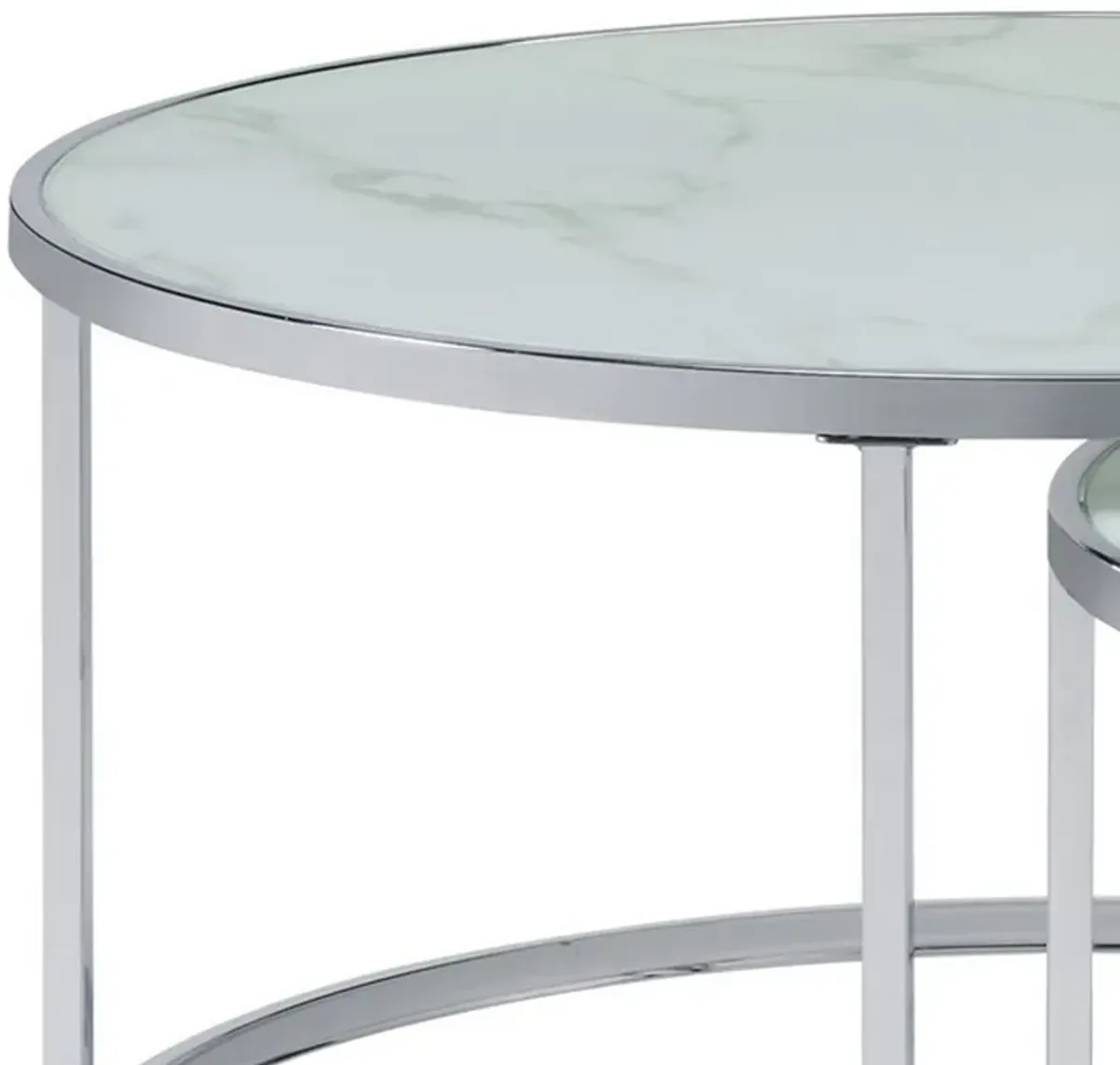 18 Inch Marbled Glass Nesting Accent Tables, Round Top, Metal, Set of 2 - Benzara