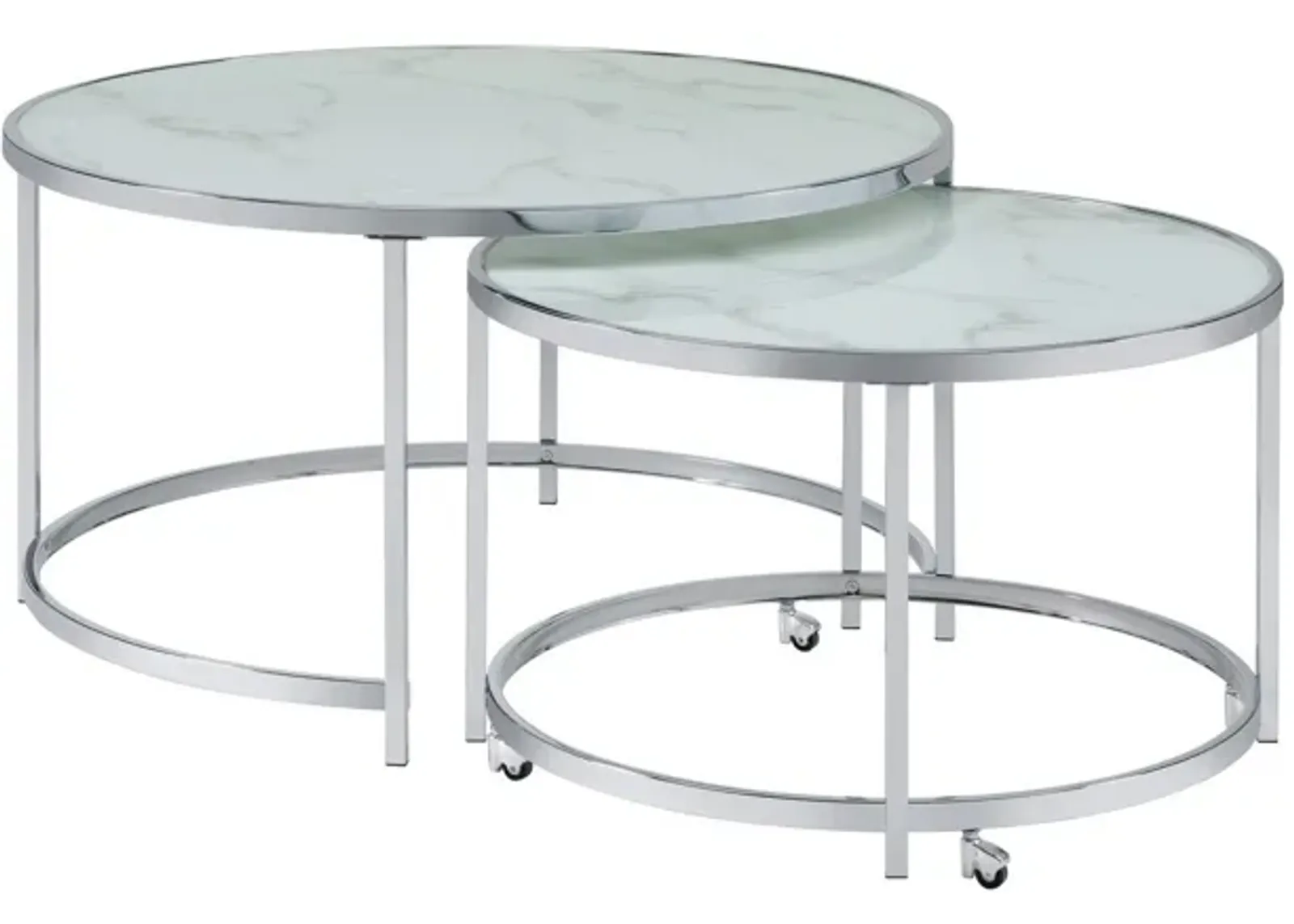 18 Inch Marbled Glass Nesting Accent Tables, Round Top, Metal, Set of 2 - Benzara