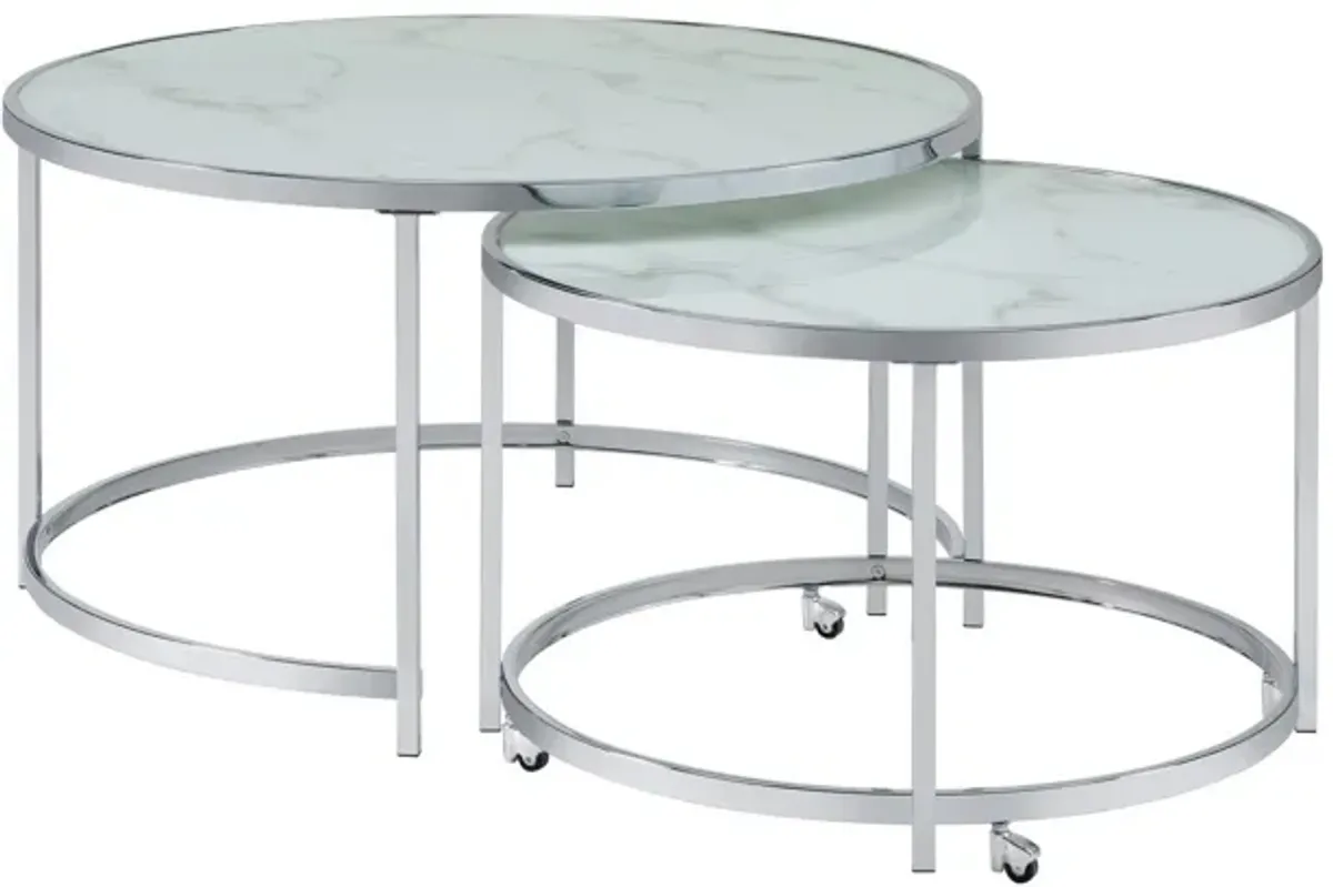 18 Inch Marbled Glass Nesting Accent Tables, Round Top, Metal, Set of 2 - Benzara