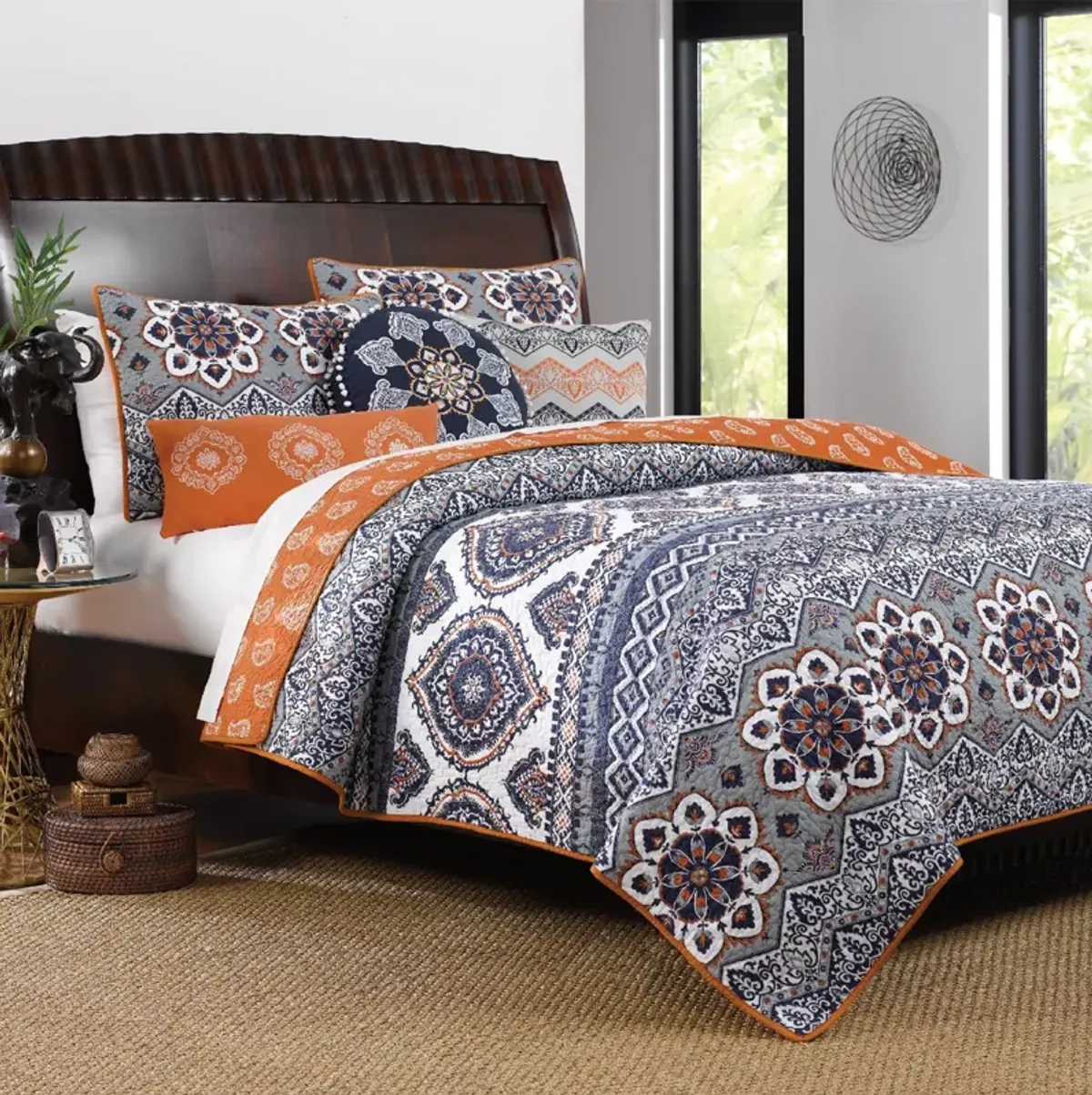 Greenland Home Fashion Medina High Quality Medallion Print Comfort Bedding Set - 5 - Piece - Full/Queen 90x90", Saffron