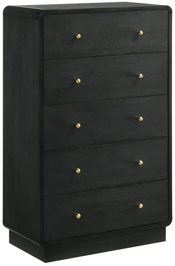 Cavy Tall Dresser Chest, 6 Drawers, Black Wood, Round Gold Knobs - Benzara
