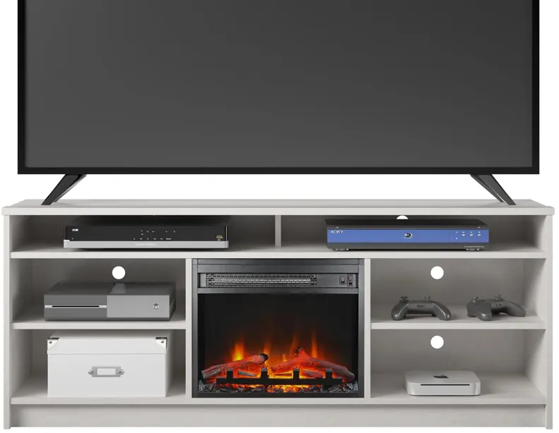 Hendrix 65" TV Stand with Electric Fireplace Insert and 6 Shelves, Ivory Oak