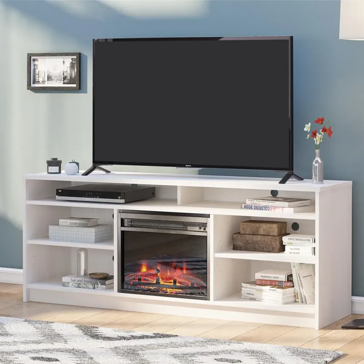 Hendrix 65" TV Stand with Electric Fireplace Insert and 6 Shelves, Ivory Oak