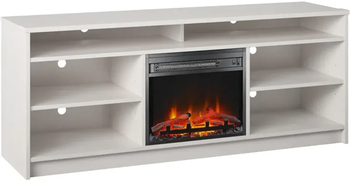 Hendrix 65" TV Stand with Electric Fireplace Insert and 6 Shelves, Ivory Oak