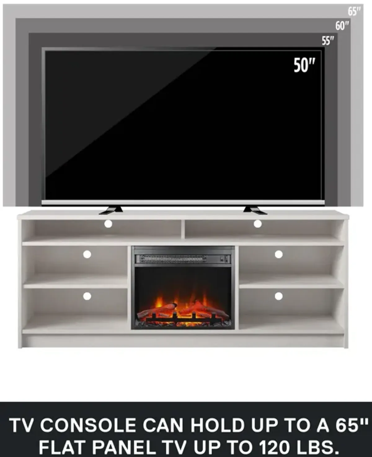 Hendrix 65" TV Stand with Electric Fireplace Insert and 6 Shelves, Ivory Oak