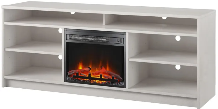 Hendrix 65" TV Stand with Electric Fireplace Insert and 6 Shelves, Ivory Oak