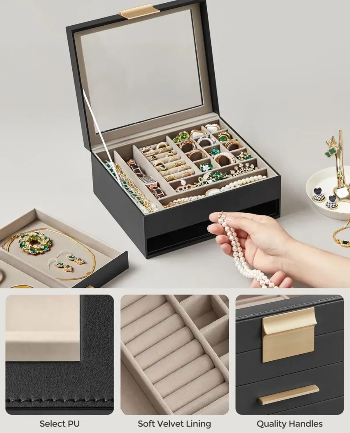 Elegant 2-Layer Jewelry Box with Glass Lid and 1 Drawer - Perfect Gift for Loved Ones