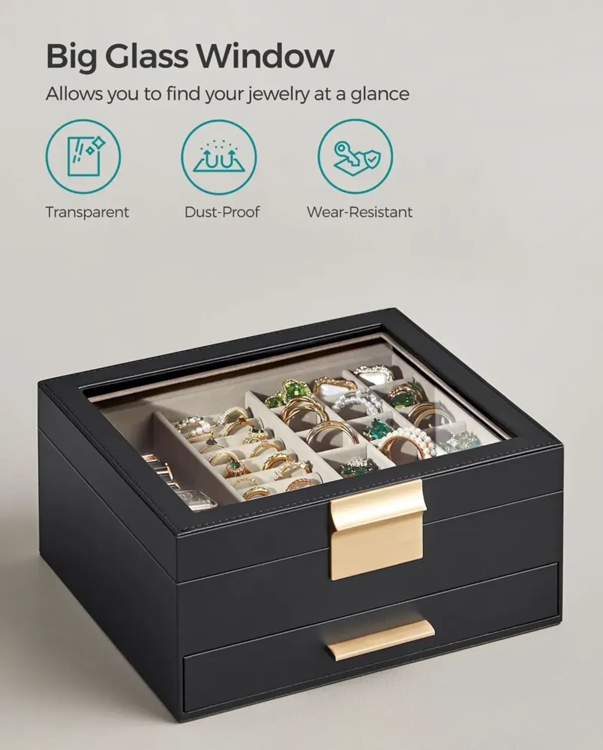 Elegant 2-Layer Jewelry Box with Glass Lid and 1 Drawer - Perfect Gift for Loved Ones