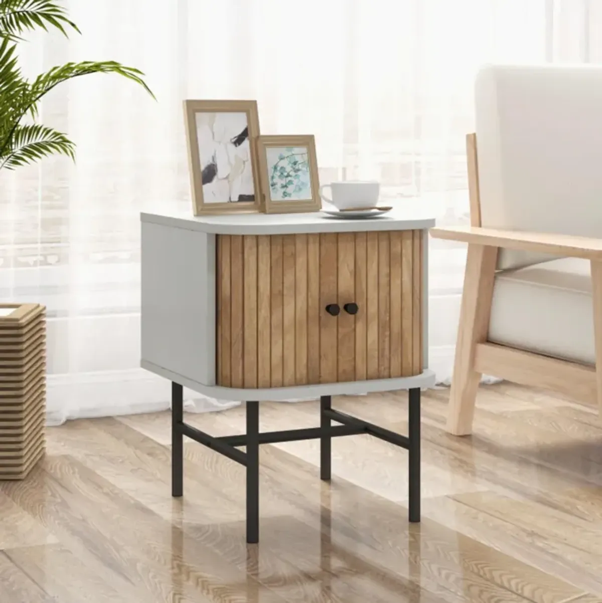 Hivvago Mid-century Modern Nightstand with Sliding Doors and Storage Cabinet