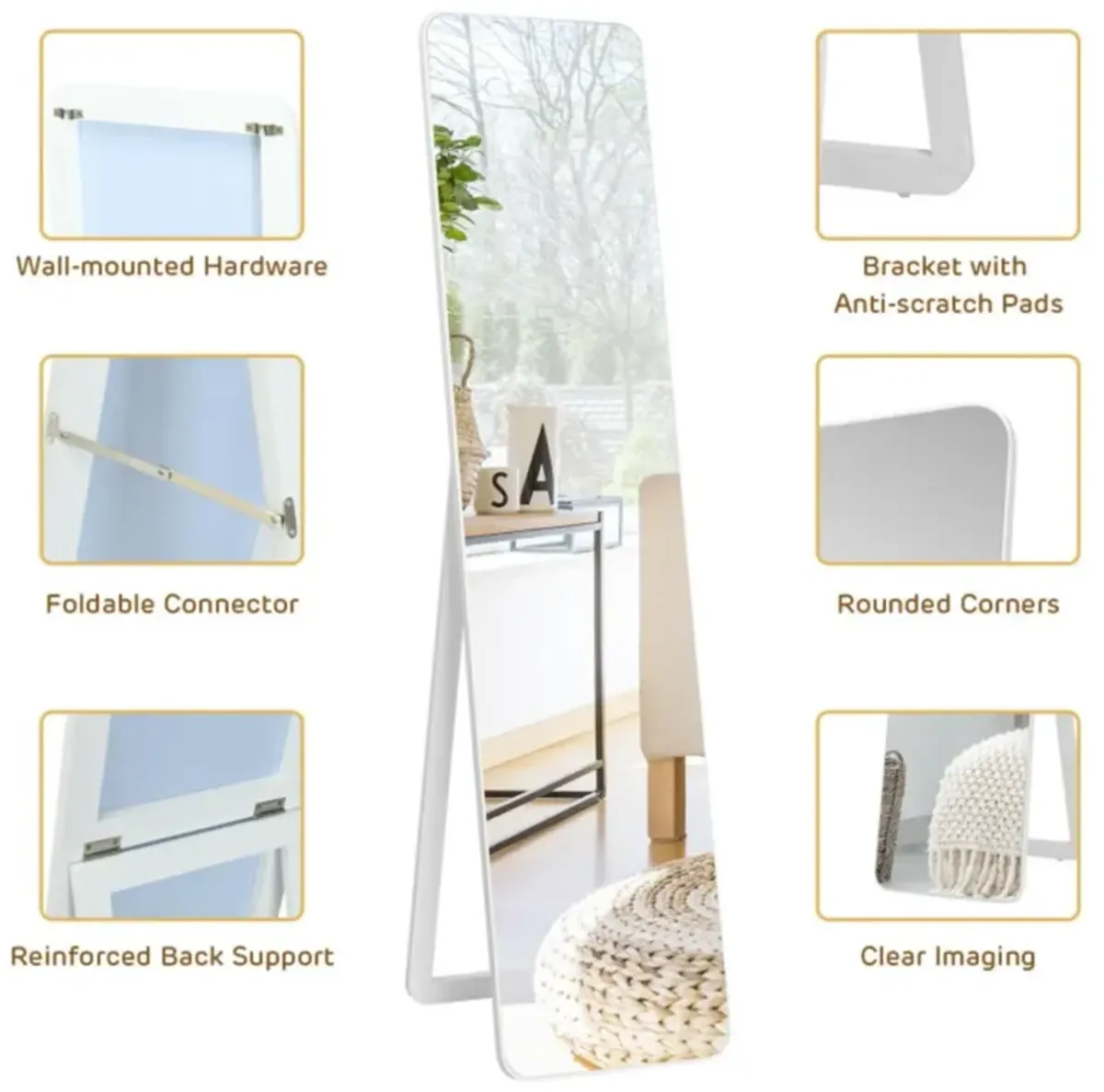 Hivvago Full Length Frameless Wall Mountable Floor Mirror-White