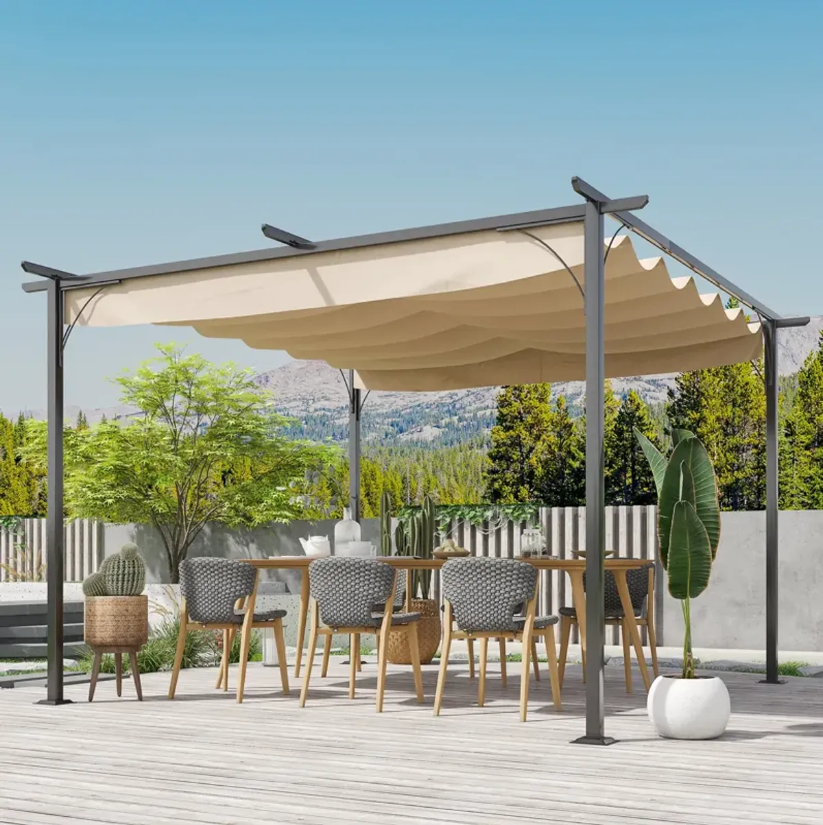 Outsunny 11.5' x 11.5' Retractable Pergola Canopy, Outdoor UV Protection & Sun Shade, Steel Frame for Garden, Grill, Patio, Backyard, Gray