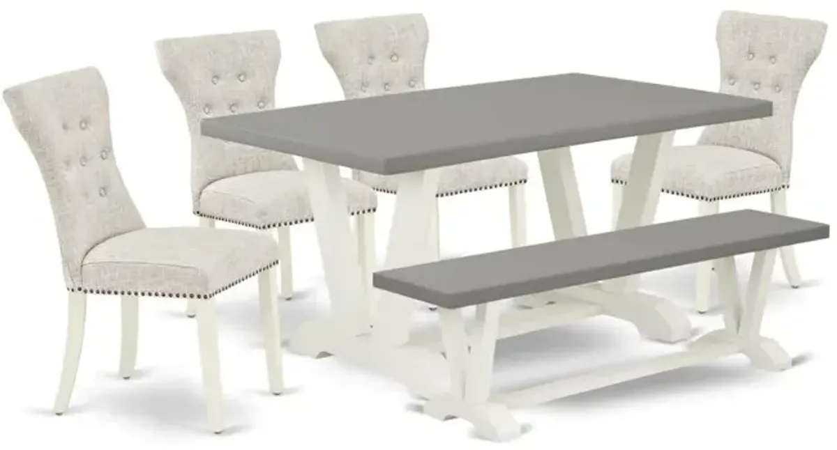 East West Furniture 6-Pc Modern Dining Set- 4 Kitchen Parson Chairs with Doeskin Linen Fabric Seat and Button Tufted Chair Back - Rectangular Top & Wooden Legs Dining Room table and Dining Bench - Cem