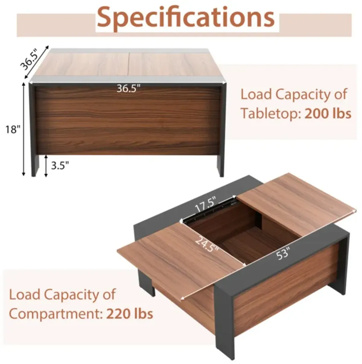 Hivvago 36.5 Inch Coffee Table with Sliding Top and Hidden Compartment