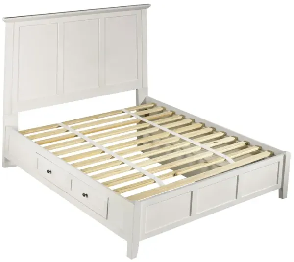 Kenji King Size Bed, Panel Headboard, Storage Drawers, Satin White Mahogany - Benzara