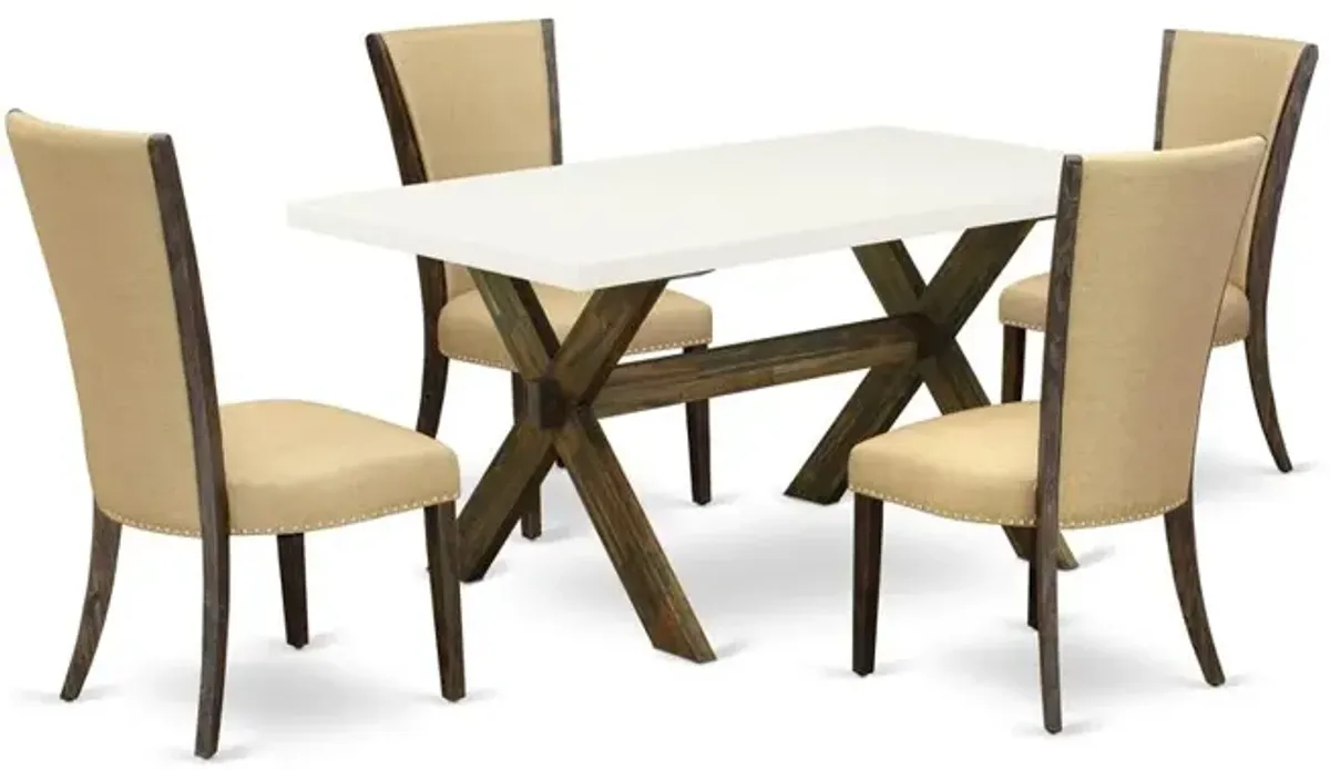 East West Furniture X726VE703-5 5Pc Dining Table Set Consists of a Wood Table and 4 Parsons Dining Room Chairs with Brown Color Linen Fabric, Medium Size Table with Full Back Chairs, Distressed Jacobe