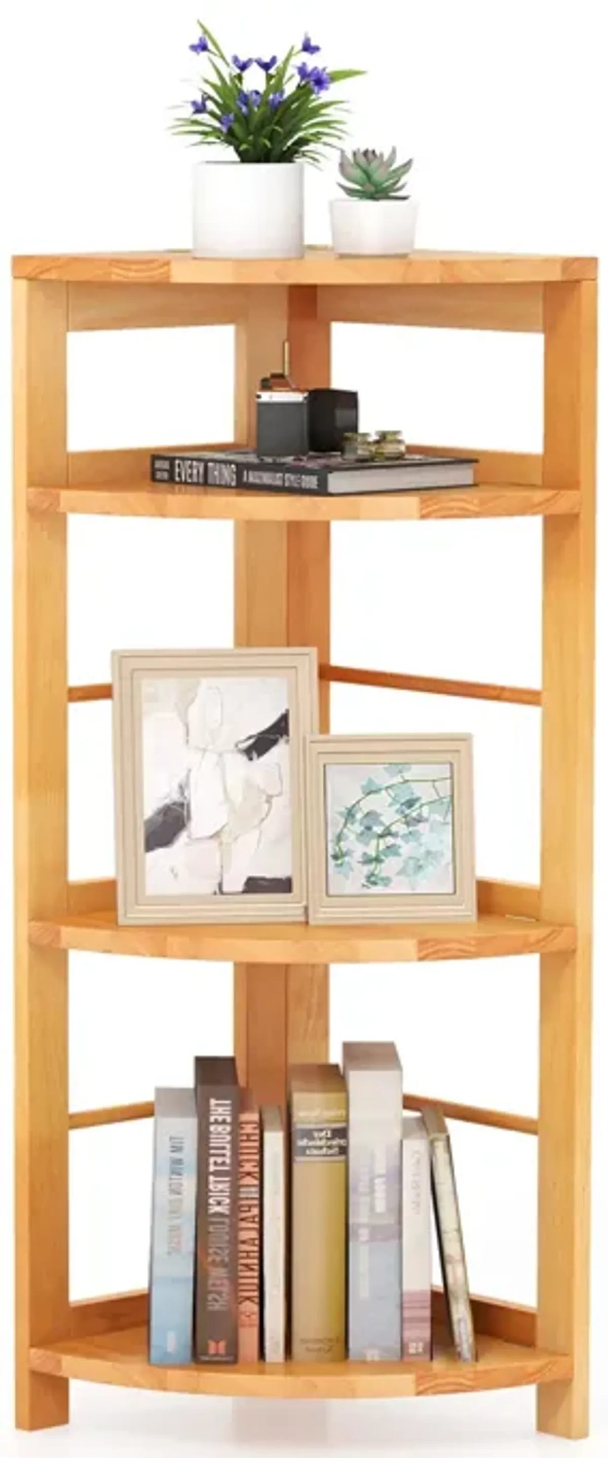 4-Tier Corner Shelf with Rubber Wood Frame and Anti-Toppling Kit