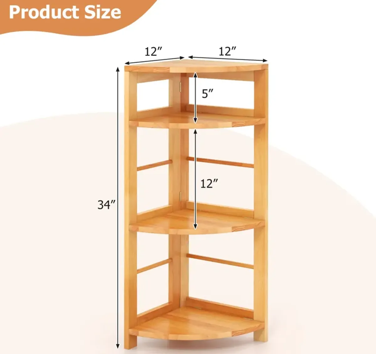 4-Tier Corner Shelf with Rubber Wood Frame and Anti-Toppling Kit