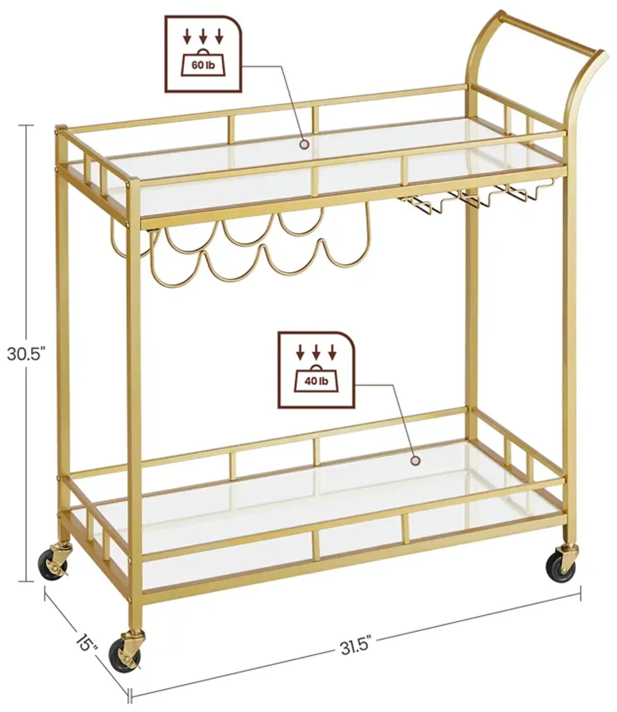 Home Bar Serving Cart with Dual Mirrored Shelves – Elegant Gold Design