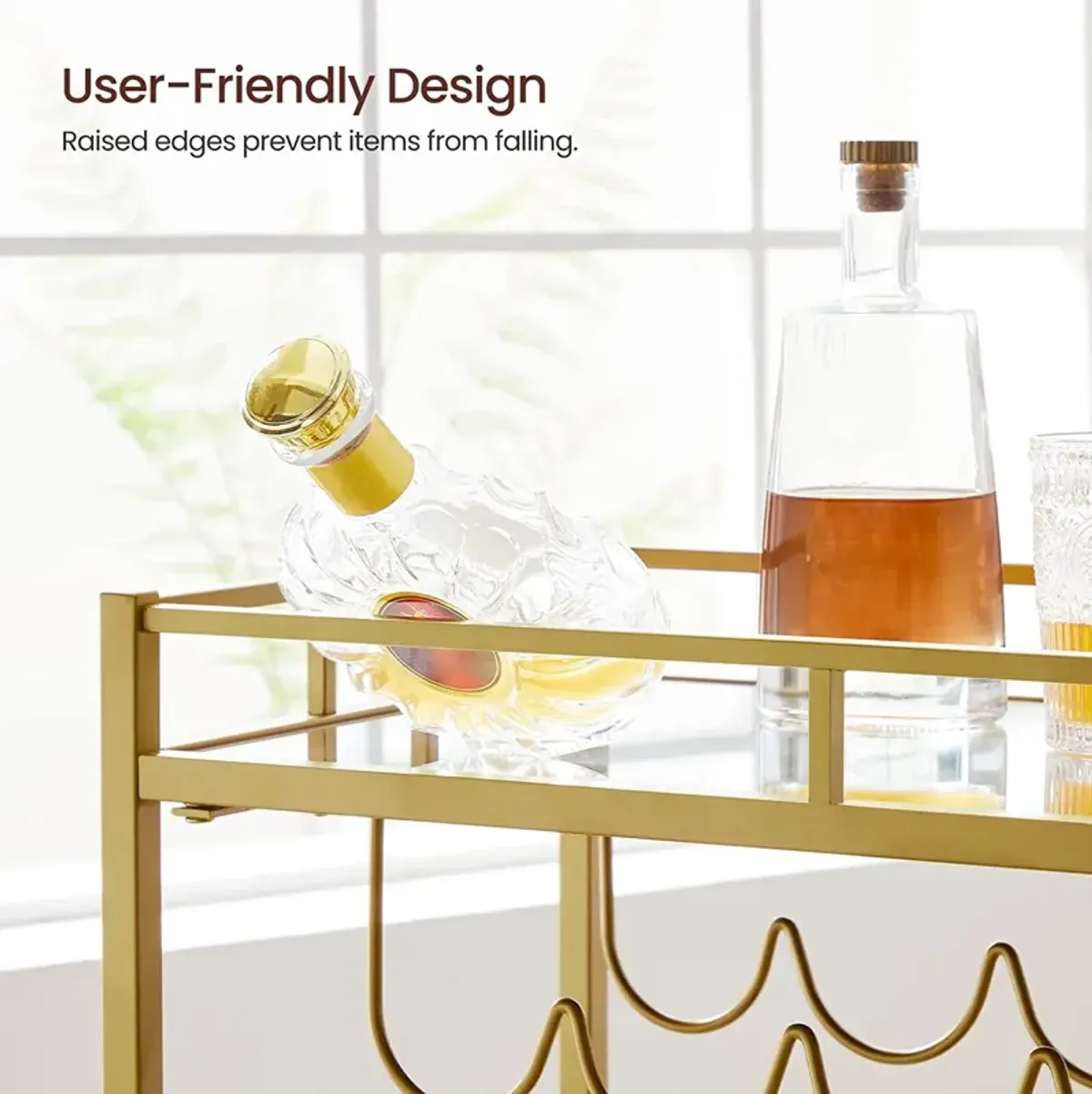 Home Bar Serving Cart with Dual Mirrored Shelves – Elegant Gold Design