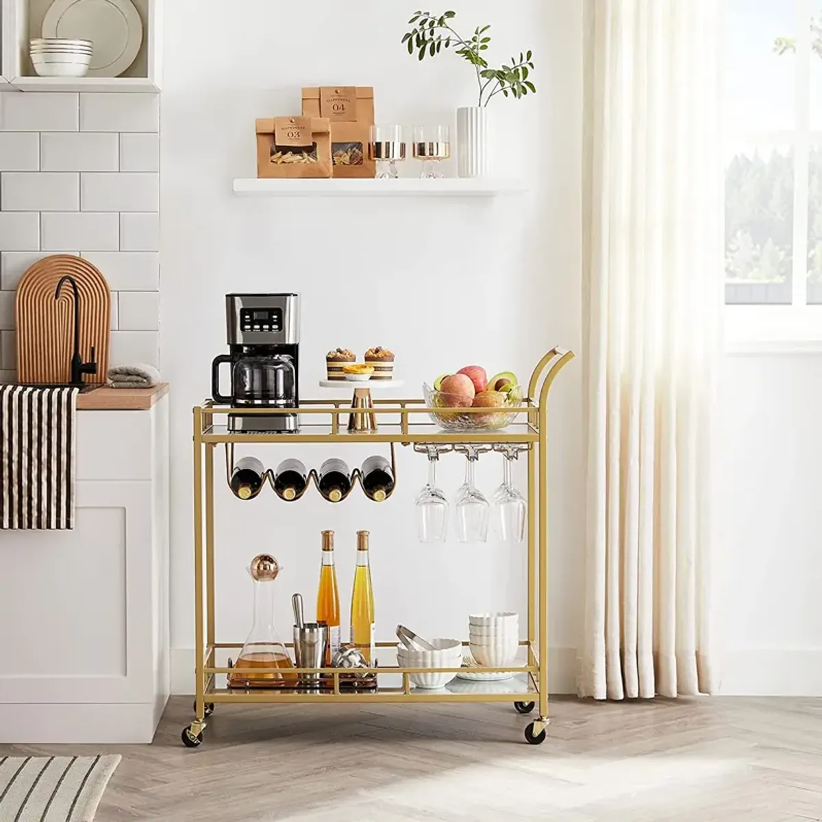 Home Bar Serving Cart with Dual Mirrored Shelves – Elegant Gold Design