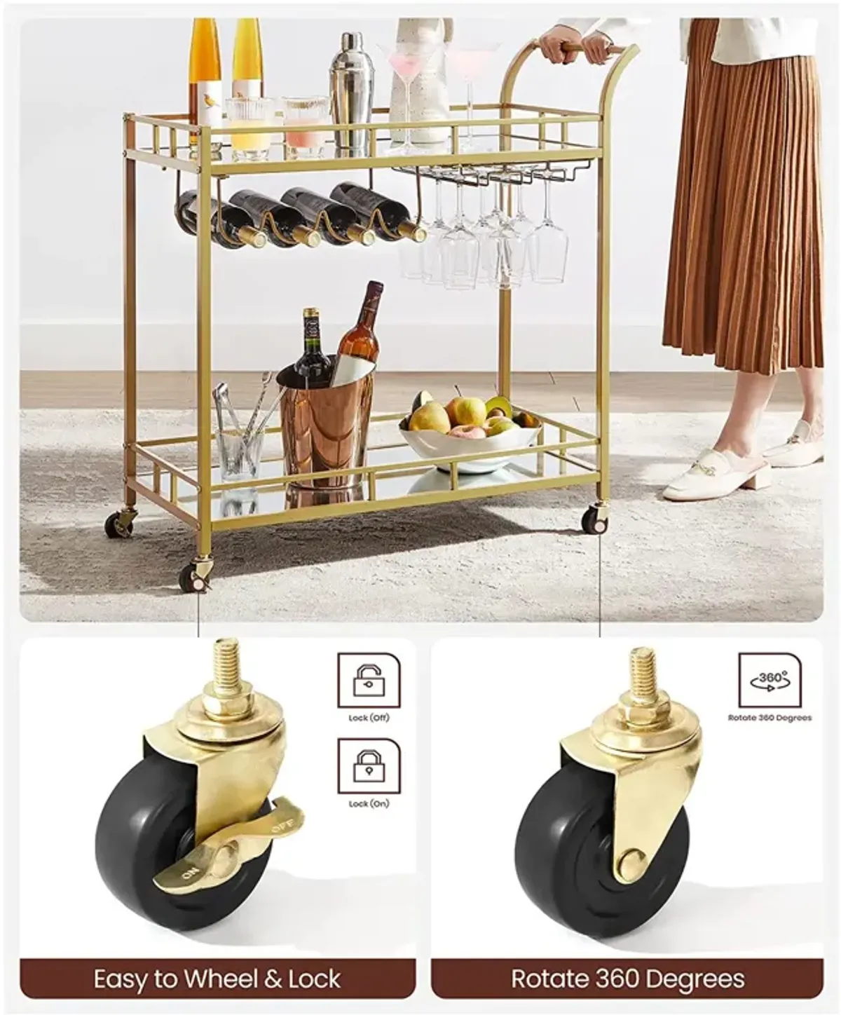 Home Bar Serving Cart with Dual Mirrored Shelves – Elegant Gold Design