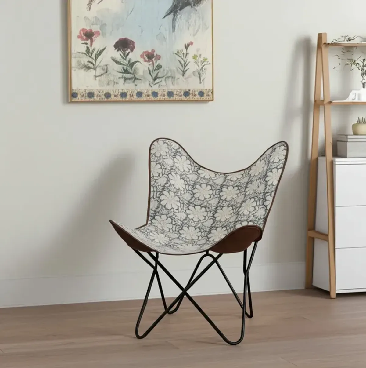 Hivvago 30 Inch Blue And Cream Canvas Floral Butterfly Chair