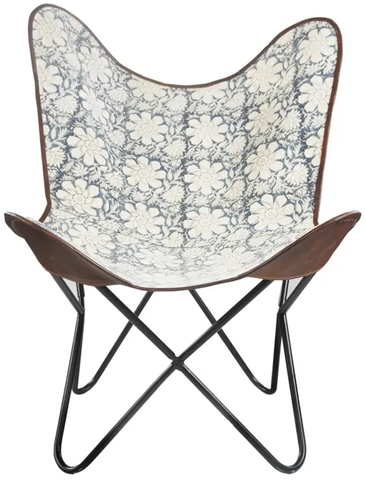 Hivvago 30 Inch Blue And Cream Canvas Floral Butterfly Chair