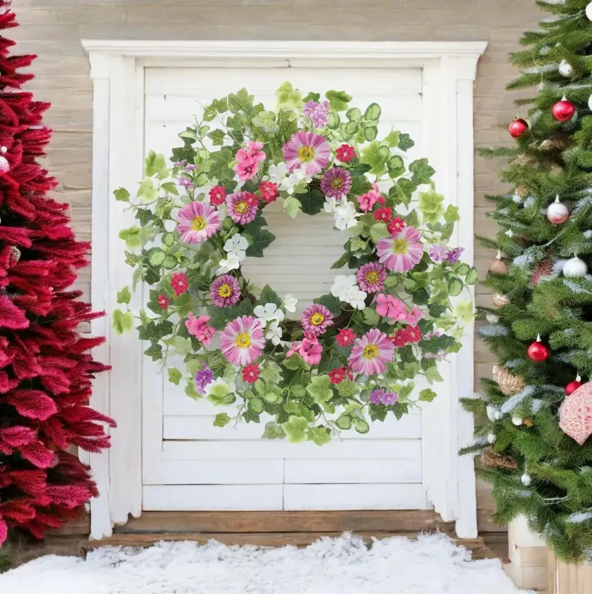 Mixed Floral Wreath Decorative Door or Wall Accent for Home or Seasonal Decor