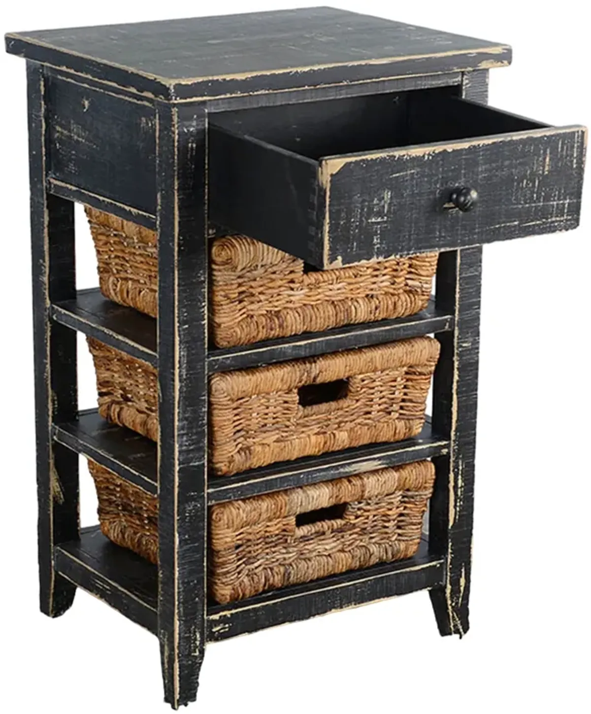 Rena End Table, 3 Natural Rattan Storage Baskets, 20 Inch Black Wood - Benzara