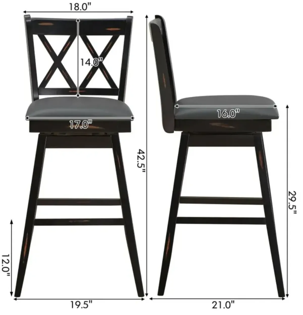 Hivvago 2 Pieces 29 Inches Swivel Counter Height Barstool Set with Rubber Wood Legs