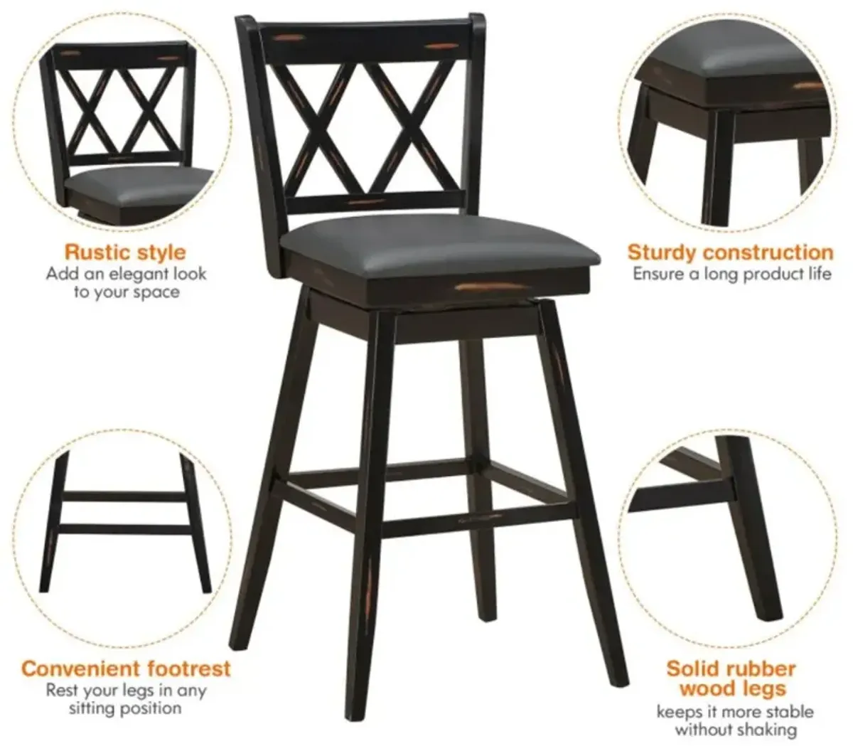 Hivvago 2 Pieces 29 Inches Swivel Counter Height Barstool Set with Rubber Wood Legs