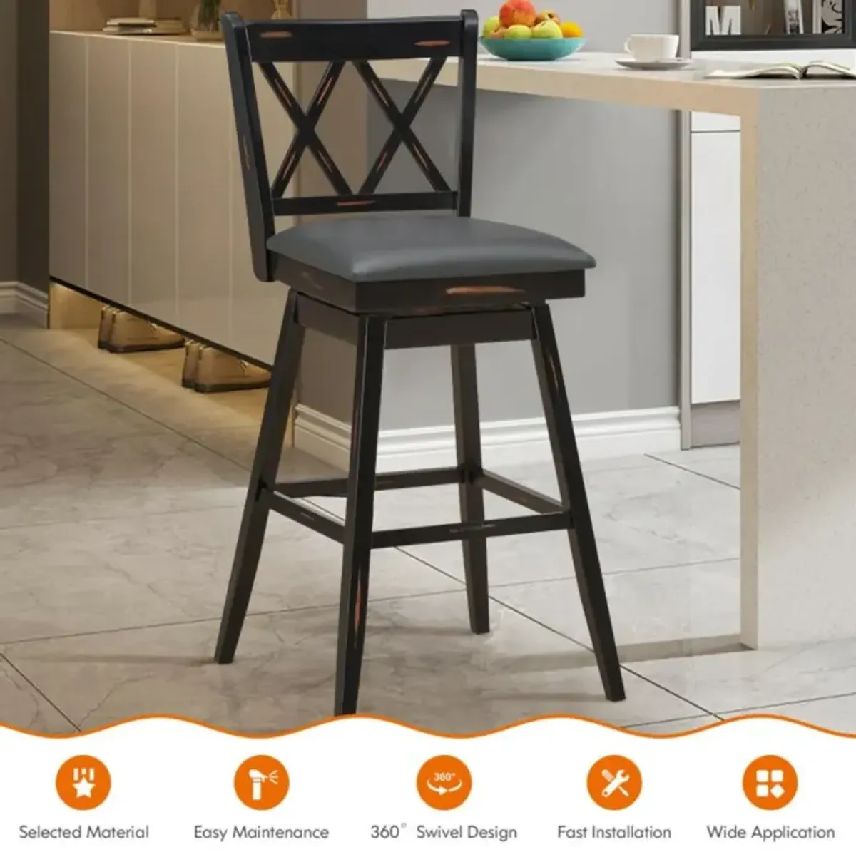 Hivvago 2 Pieces 29 Inches Swivel Counter Height Barstool Set with Rubber Wood Legs