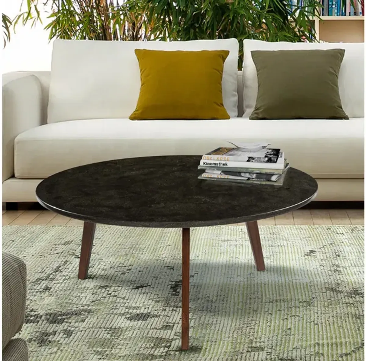 Stella 31" Round Italian Black Marble Coffee Table with Walnut Legs