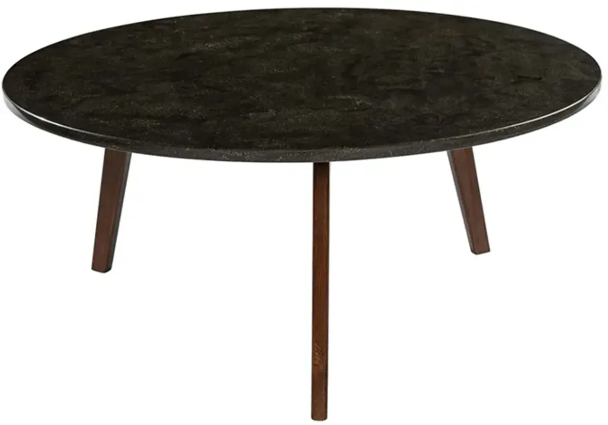 Stella 31" Round Italian Black Marble Coffee Table with Walnut Legs