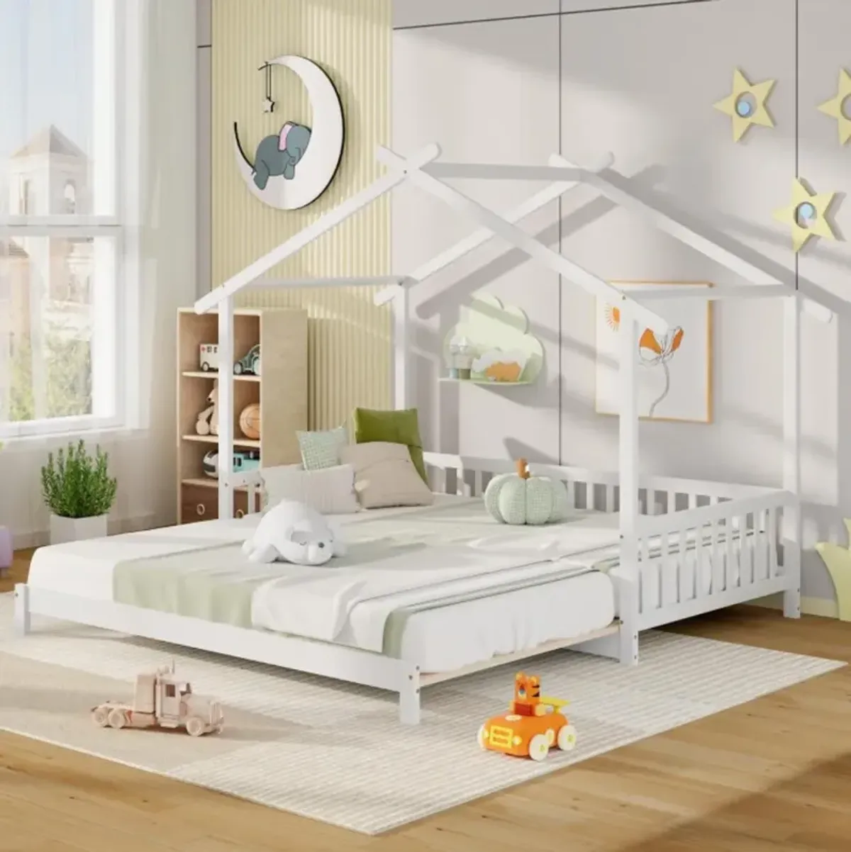 Hivvago Extendable House Bed Twin to King Daybed with Roof and Fence Rails