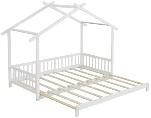 Hivvago Extendable House Bed Twin to King Daybed with Roof and Fence Rails